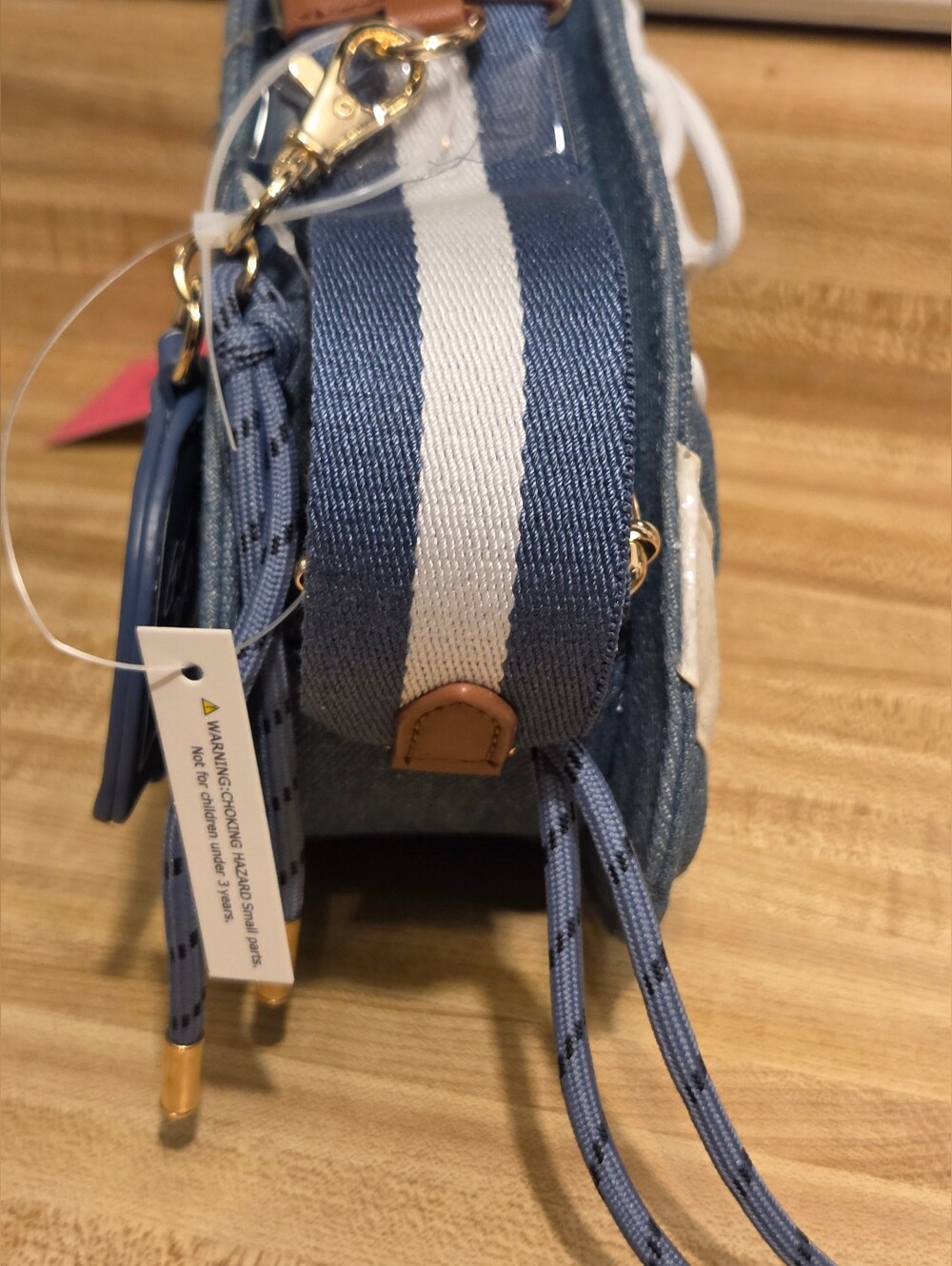 Betsey Johnson NWT Denim Football Crossbody W/Guitar Strap & Bag Charm - Picture 6 of 6